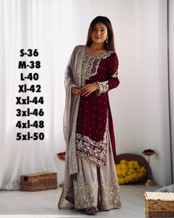 Rich Faux Georgette Stitched Suit Set with Embroidered Plazzo & Dupatta