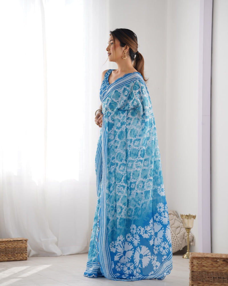 Designer Heavy Chinon Saree with Mirror Work & Unstitched Blouse