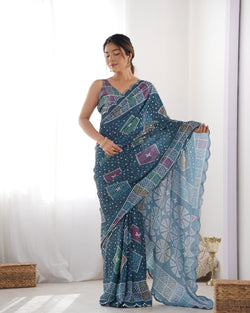 Artisanal Elegance Bandhani Saree in Teal with Multicolor Geometric Motifs