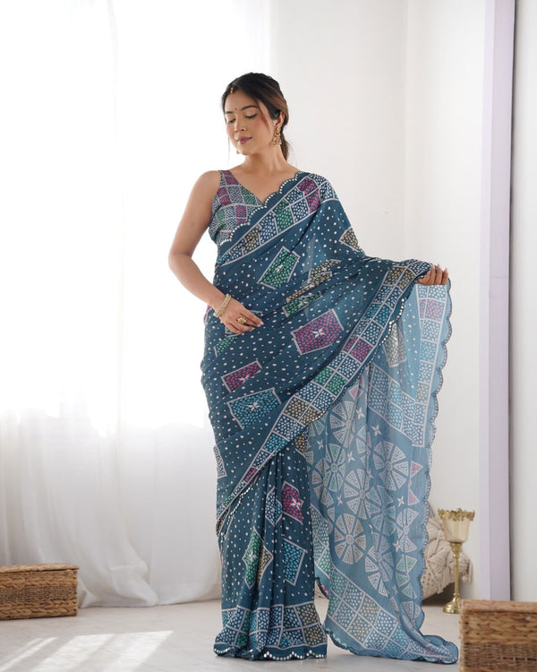 Artisanal Elegance Bandhani Saree in Teal with Multicolor Geometric Motifs