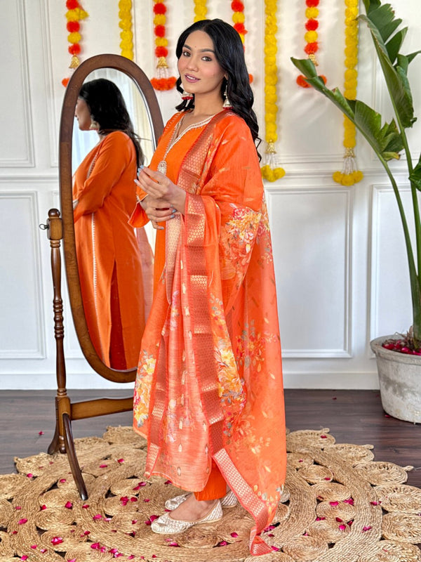 New Orange Designer Kurta Set with Embroidery and Silk Dupatta