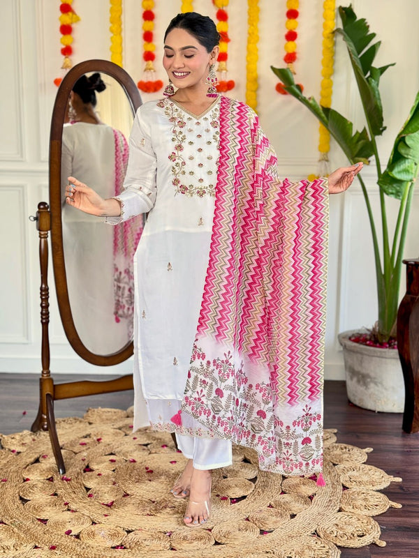 Designer White Chanderi Suit Set with Embroidered Work and Printed Dupatta