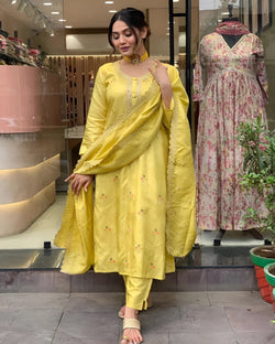 Vibrant Yellow Stylish Kurti Sets with Embroidery and Tebby Organza Dupatta