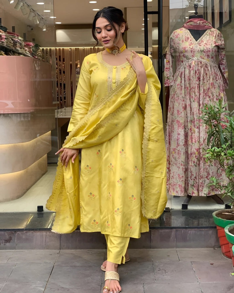 Vibrant Yellow Stylish Kurti Sets with Embroidery and Tebby Organza Dupatta