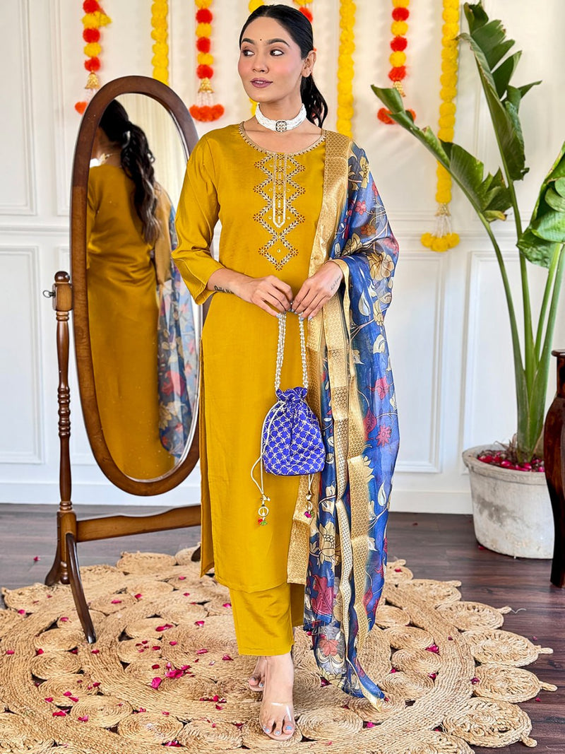 Haldi Ceremony Embroidered Kurti Set with Digital Print Dupatta