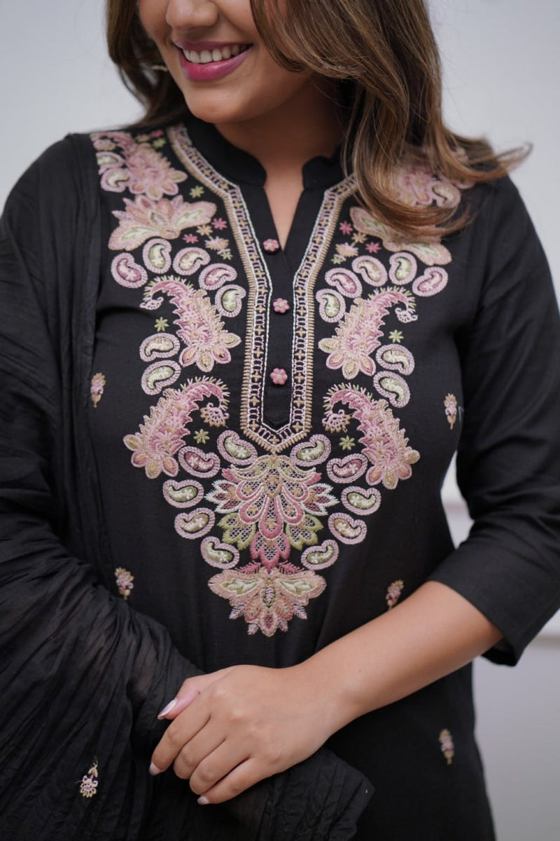 Black Berry  Embroidered Viscose Chanderi Straight Kurta With Trousers & Dupatta