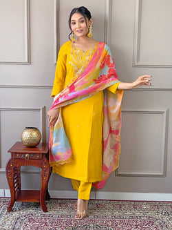 Rich Yellow Embroidered Viscose Fabric Straight Kurta, Pant And Dupatta Set