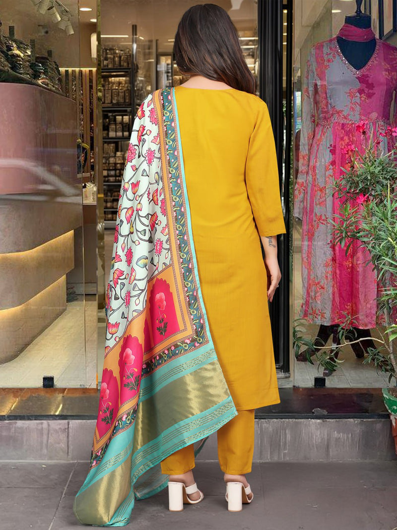 Bright Yellow Embroidered Chanderi Straight Silk Kurta Set with Printed Dupatta