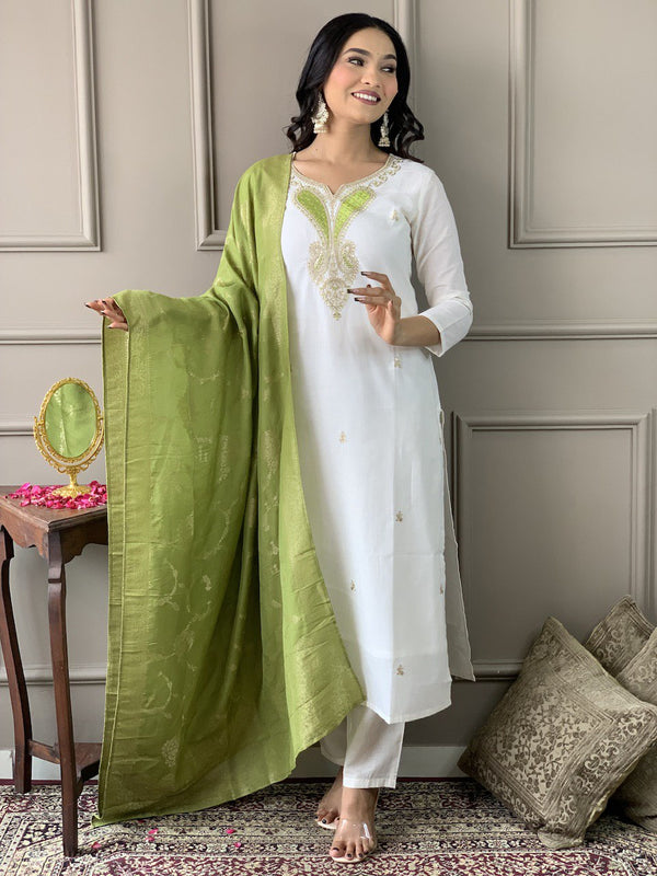 Classy White Viscose Chanderi With Embroidery Neck Work With Jacquard Silk Dupatta