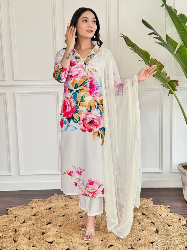 Floral Printed Kurta With Trousers & Dupatta