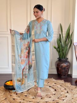 Sky Blue Viscose Chanderi Embroidered & Printed Suit Set with Jacquard Butti Dupatta