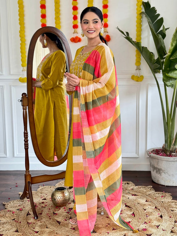 Captivating Viscose Chanderi With Embroidery And Multicolored Pure Linen dupatta