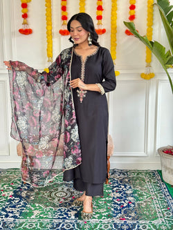 Midnight Black Embroidered Slub Rayon Kurti Set with Printed Silk Dupatta