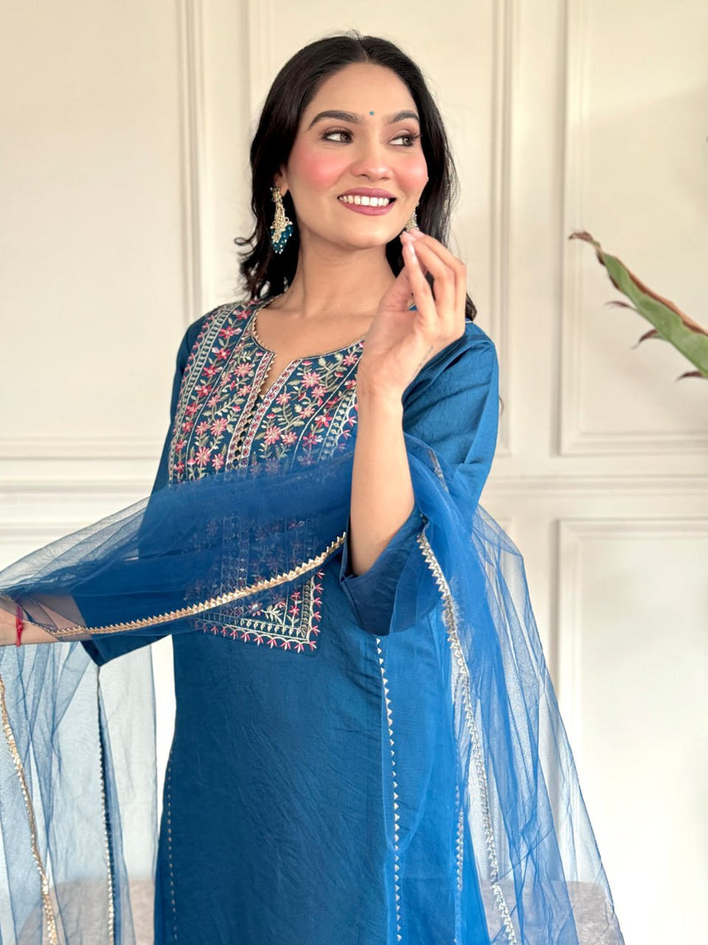 Beautiful Teal Blue Chanderi Viscose Function Wear Pant Suit With Net Dupatta