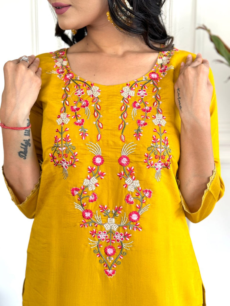 Mustard Yellow Embroidered Kurti Set with Taby Silk Dupatta