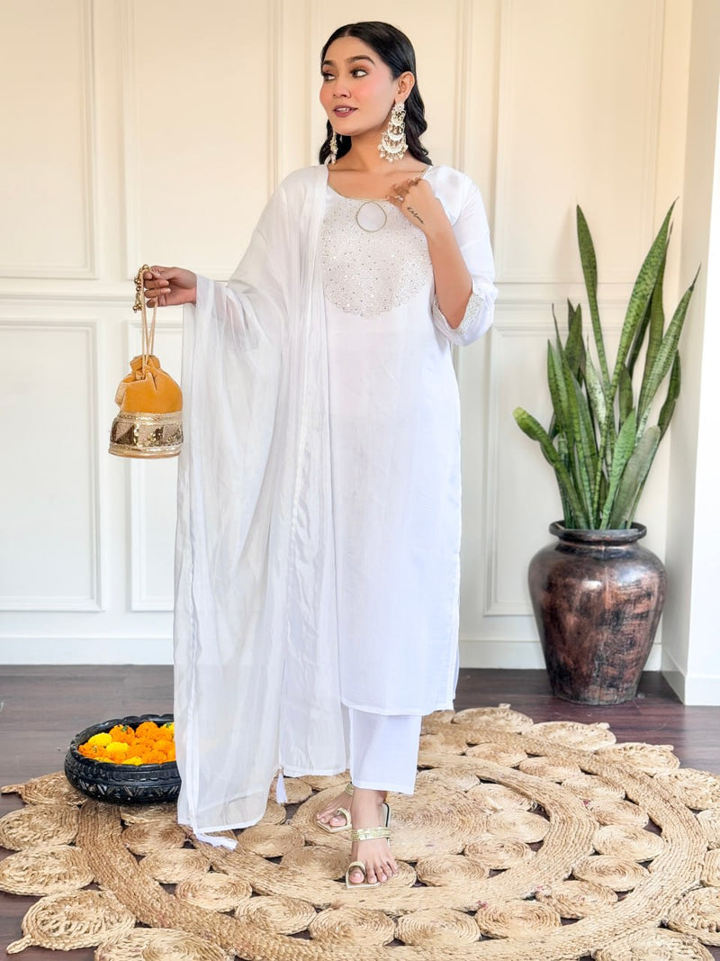 Stunning Chanderi Embellished Kurta With Bottom & Tebby Naylon Dupatta Set