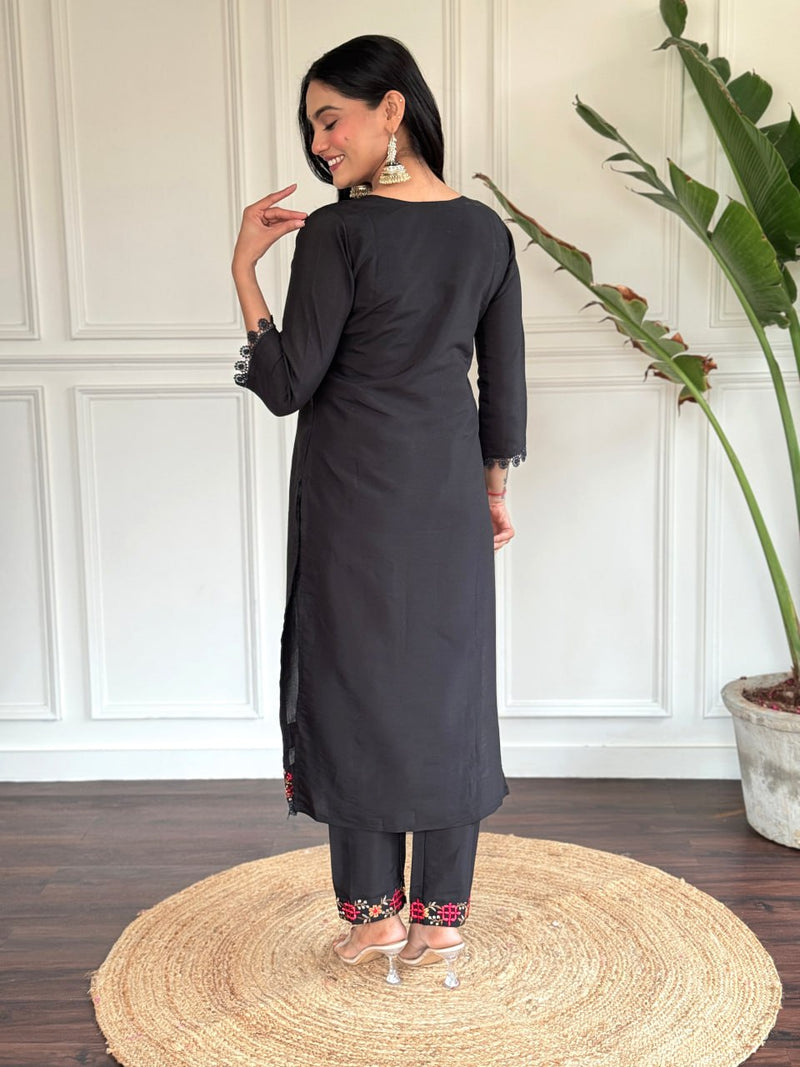 Black Chanderi Designer Embroidery Work With Printed Traditional Wear Readymade Salwar Kameez For Trendy Looks Stitched