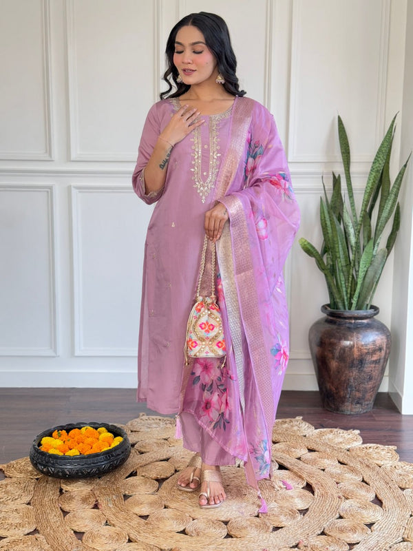 Iconic Embroidered Lavender Chanderi Party Salwar Suit