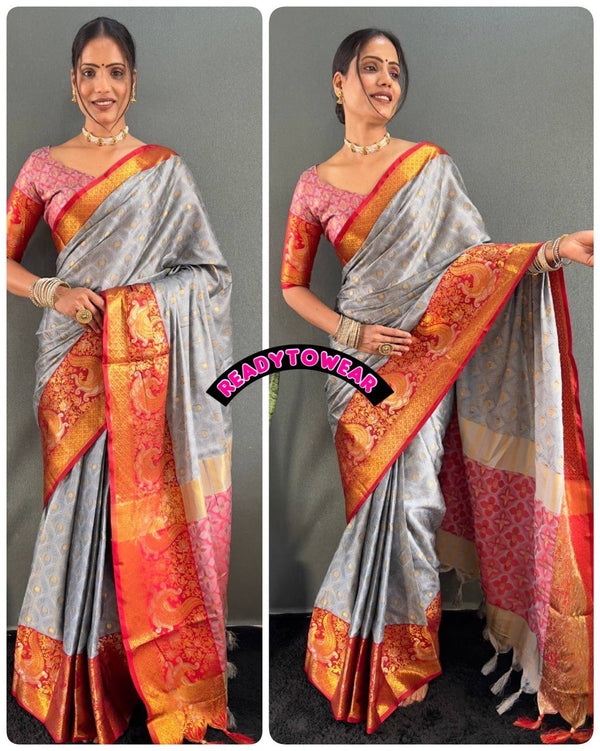 Just One Minute To Wear Designer Pure Silk Saree with Silver Gold Peacock Zari Minawork & Heavy Blouse