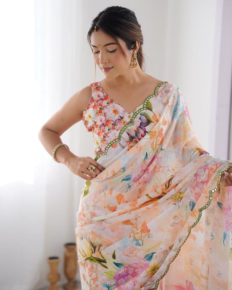 Traditional Kutchi Work Saree with Unstitched Blouse