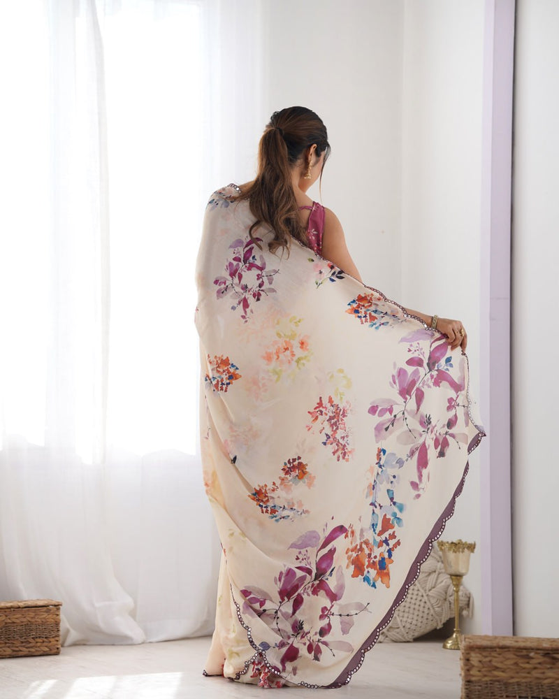 Elegant Cream Floral Printed Saree with Mauve Blouse