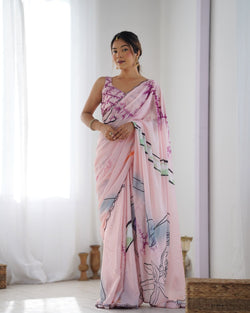 Graceful Baby Pink Chinon Saree with Abstract Print & Kutchi Mirror Lace with Designer Magenta Blouse