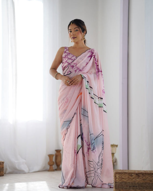 Graceful Baby Pink Chinon Saree with Abstract Print & Kutchi Mirror Lace with Designer Magenta Blouse