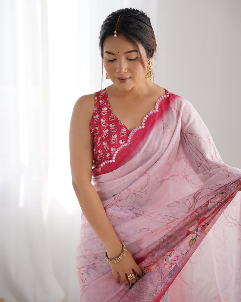 Blush Rose Chinnon Saree with Floral Print & Kutchi Mirror Lace With Blouse