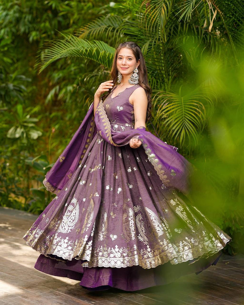 Embroidered Crunchy Silk Kurti Set with Plazzo & Dupatta