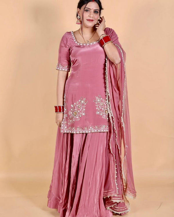 Stylish Natural Crepe Sharara Suit Set with Embroidered Top & Lace Dupatta