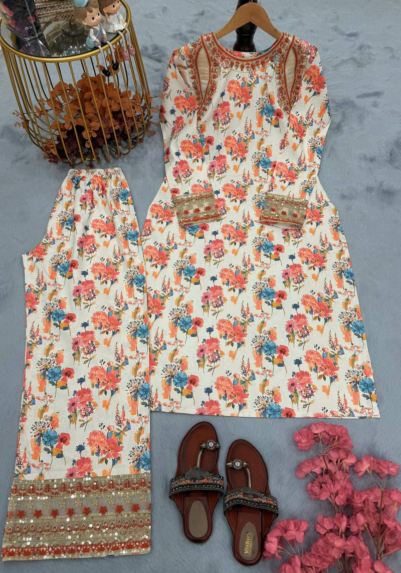 Stitched Co-ords Set in Printed & Embroidered Roman Silk