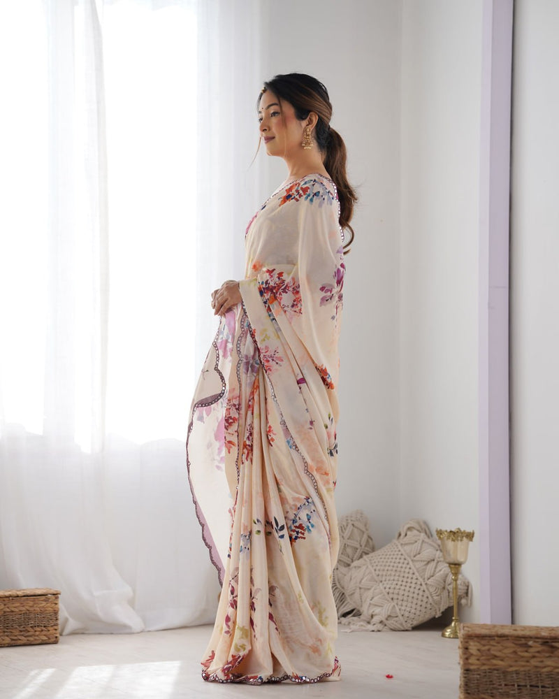 Elegant Cream Floral Printed Saree with Mauve Blouse