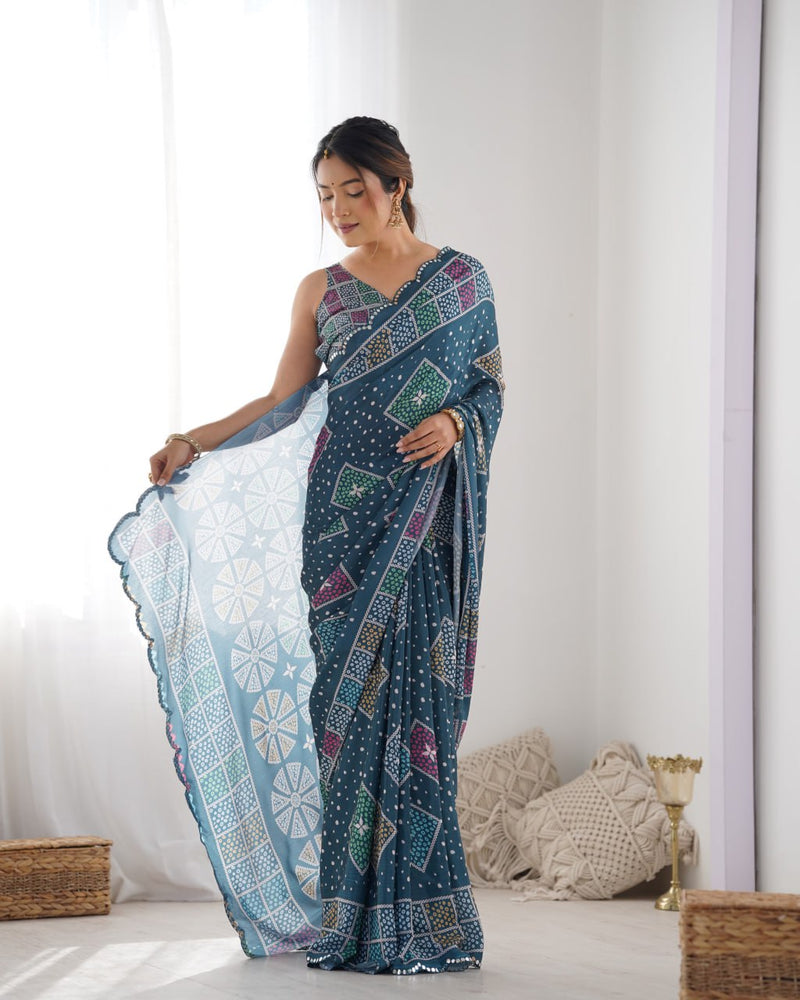 Artisanal Elegance Bandhani Saree in Teal with Multicolor Geometric Motifs