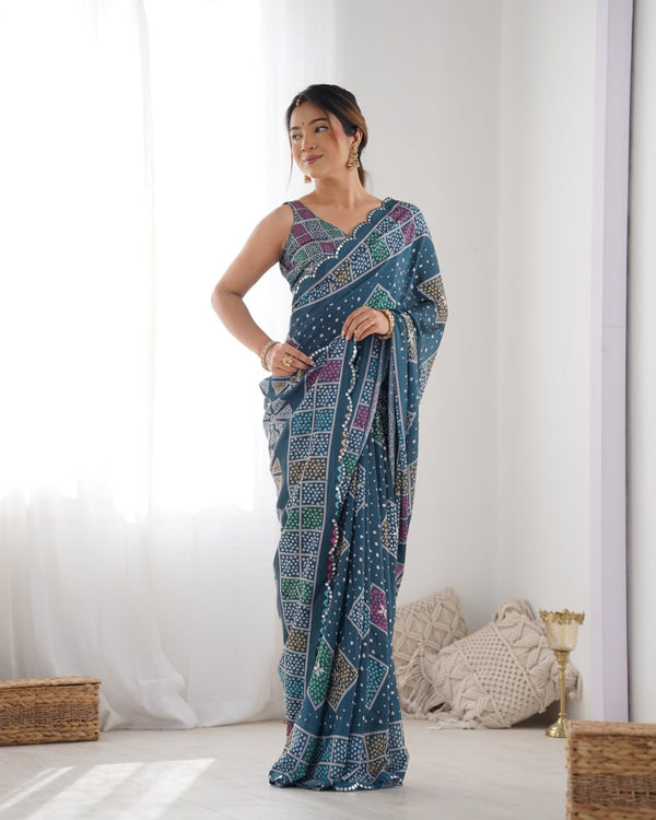 Artisanal Elegance Bandhani Saree in Teal with Multicolor Geometric Motifs