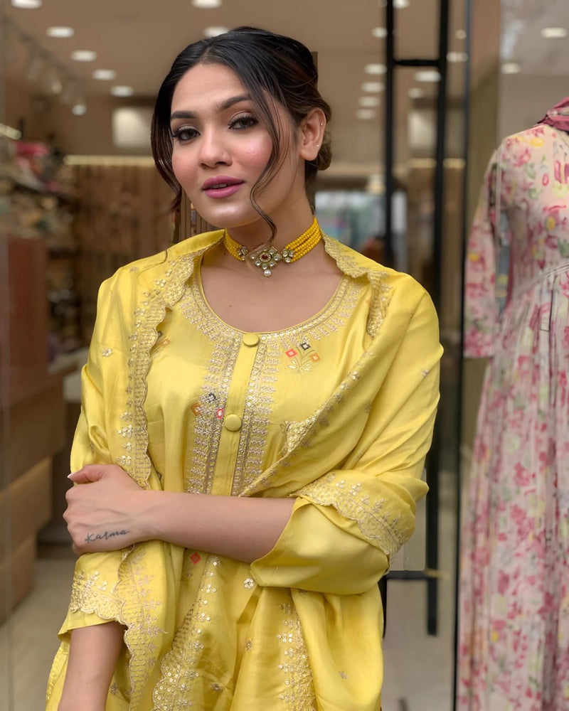 Vibrant Yellow Stylish Kurti Sets with Embroidery and Tebby Organza Dupatta