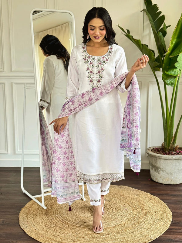 White Color Viscose Chanderi 3 piece Kurti Set With Embroidery Work