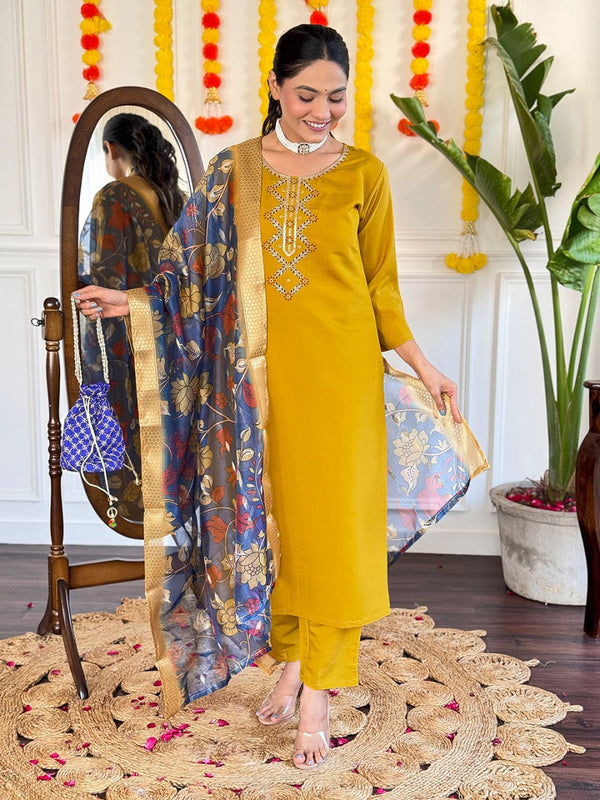 Haldi Ceremony Embroidered Kurti Set with Digital Print Dupatta