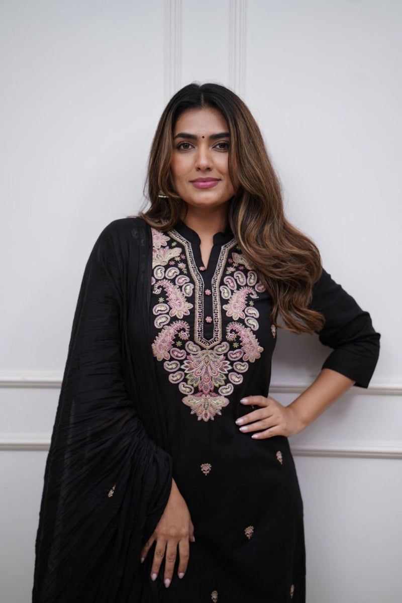 Black Berry  Embroidered Viscose Chanderi Straight Kurta With Trousers & Dupatta