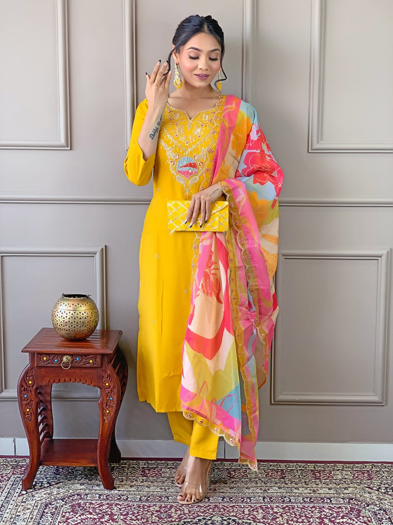 Rich Yellow Embroidered Viscose Fabric Straight Kurta, Pant And Dupatta Set