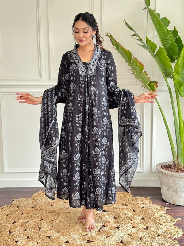 Black Printed Cotton Salwar Kameez