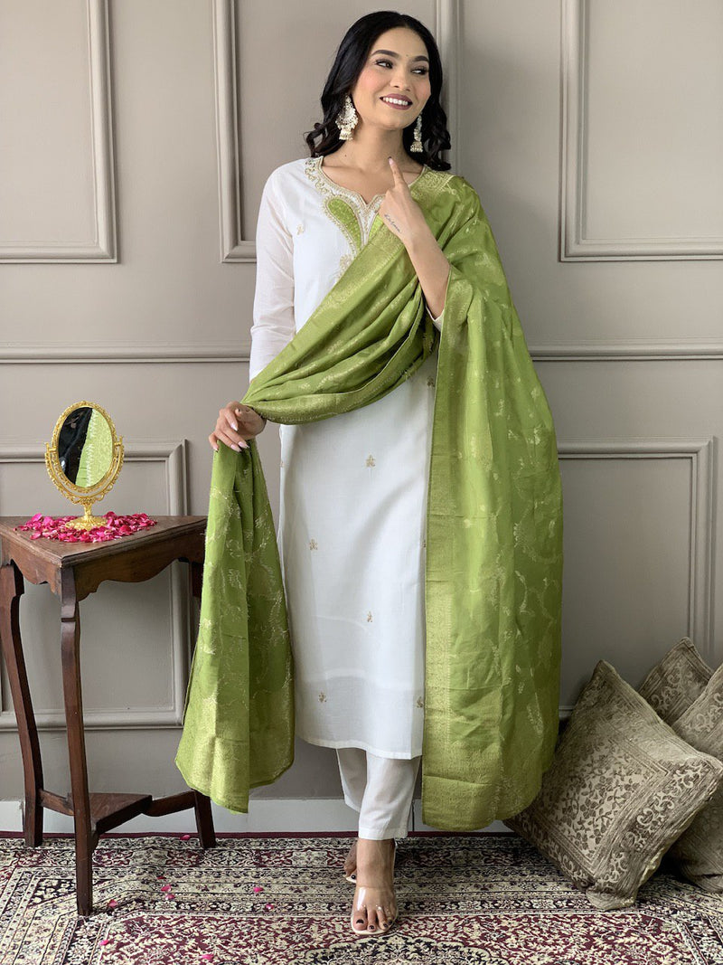 Classy White Viscose Chanderi With Embroidery Neck Work With Jacquard Silk Dupatta