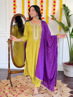 Dazzling Reyon Slue With Embrodeiry Work And Chinnon Dupatta set