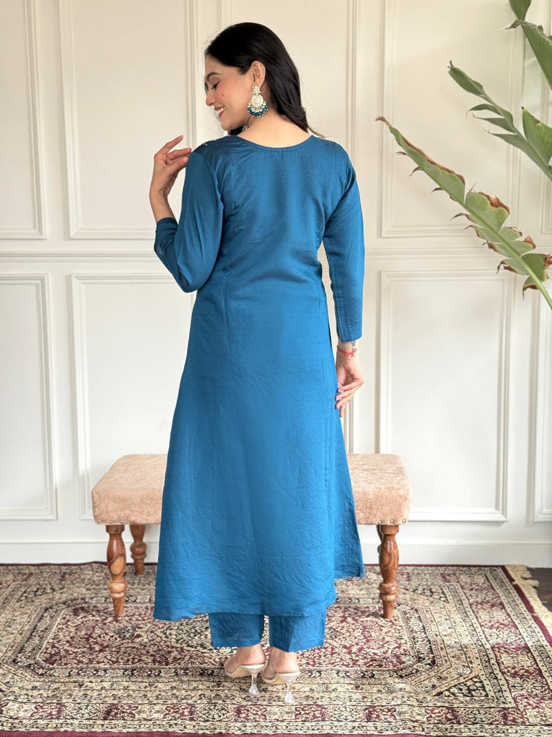 Beautiful Teal Blue Chanderi Viscose Function Wear Pant Suit With Net Dupatta