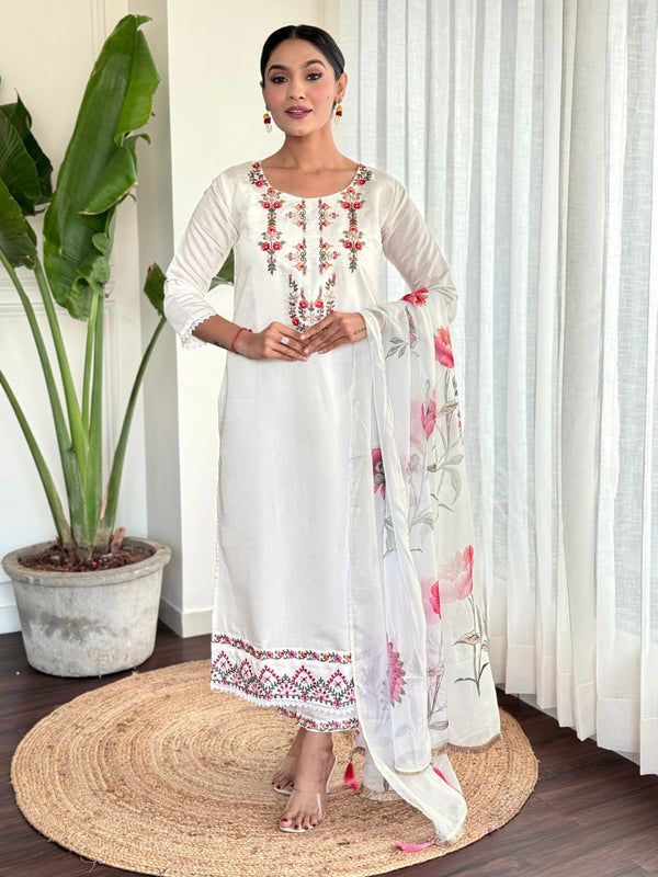 Bewitching White Chanderi Silk Office Wear Pant Suit With Dupatta