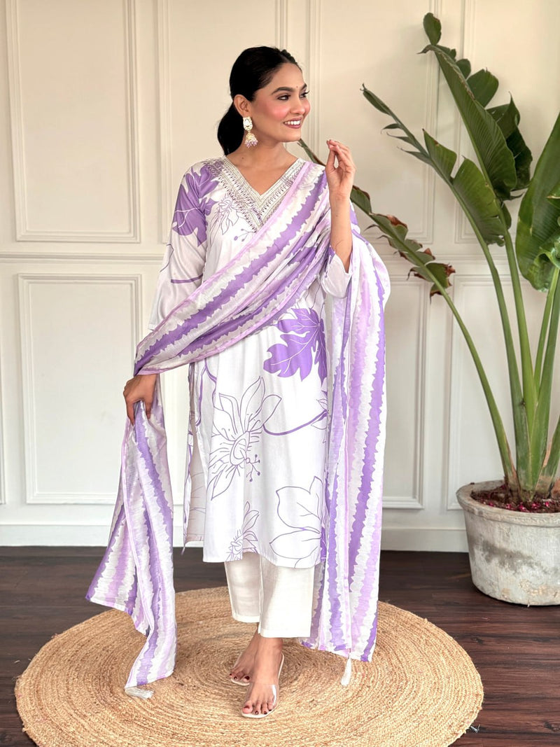 Awesome White Printed Rayon Festival Wear Pant Suit With Dupatta