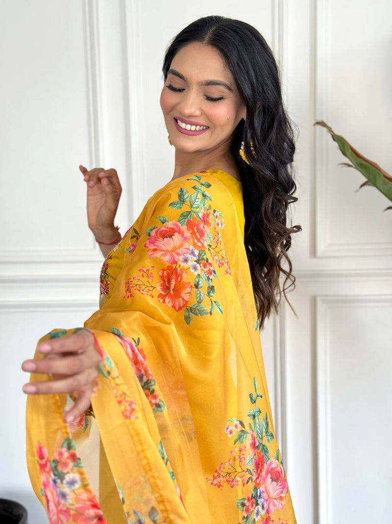 Mustard Yellow Embroidered Kurti Set with Taby Silk Dupatta