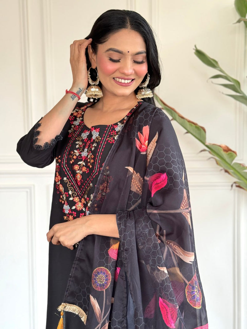 Black Chanderi Designer Embroidery Work With Printed Traditional Wear Readymade Salwar Kameez For Trendy Looks Stitched