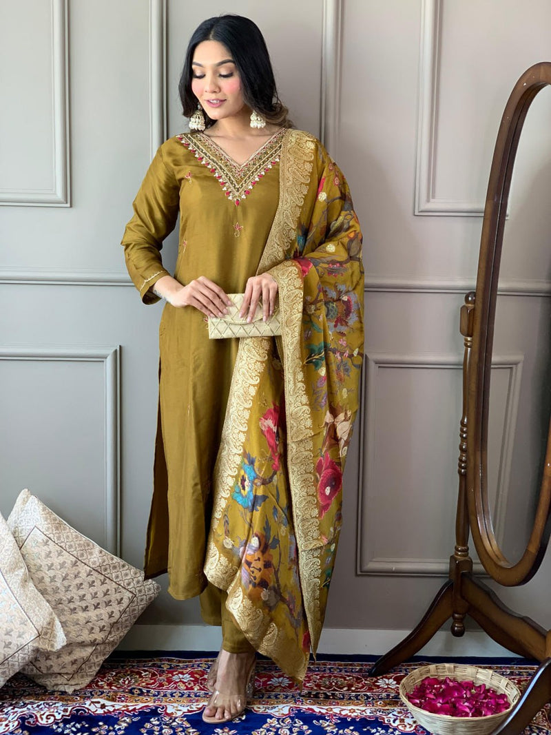 Ethnic Motifs Embroidered V-Neck Thread Work Kurta with Trousers & Dupatta