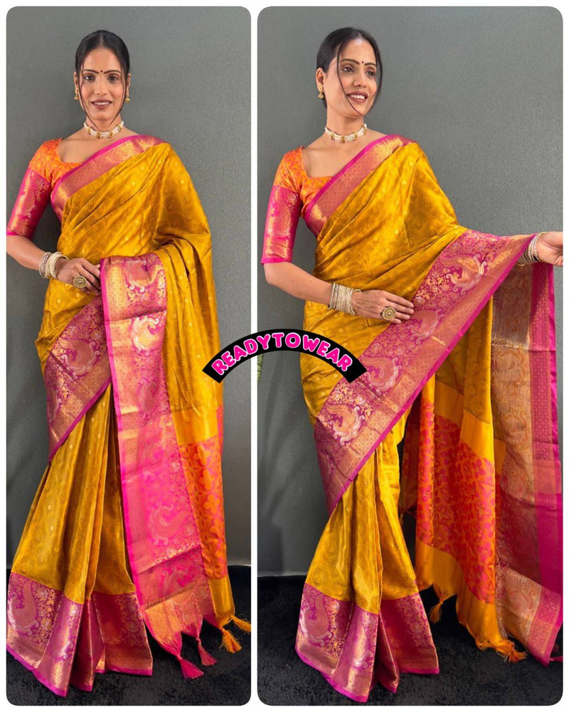 Just One Minute To Wear Designer Pure Silk Saree with Silver Gold Peacock Zari Minawork & Heavy Blouse