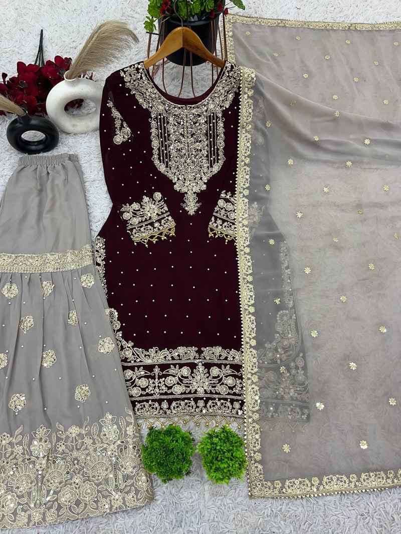 Rich Faux Georgette Stitched Suit Set with Embroidered Plazzo & Dupatta
